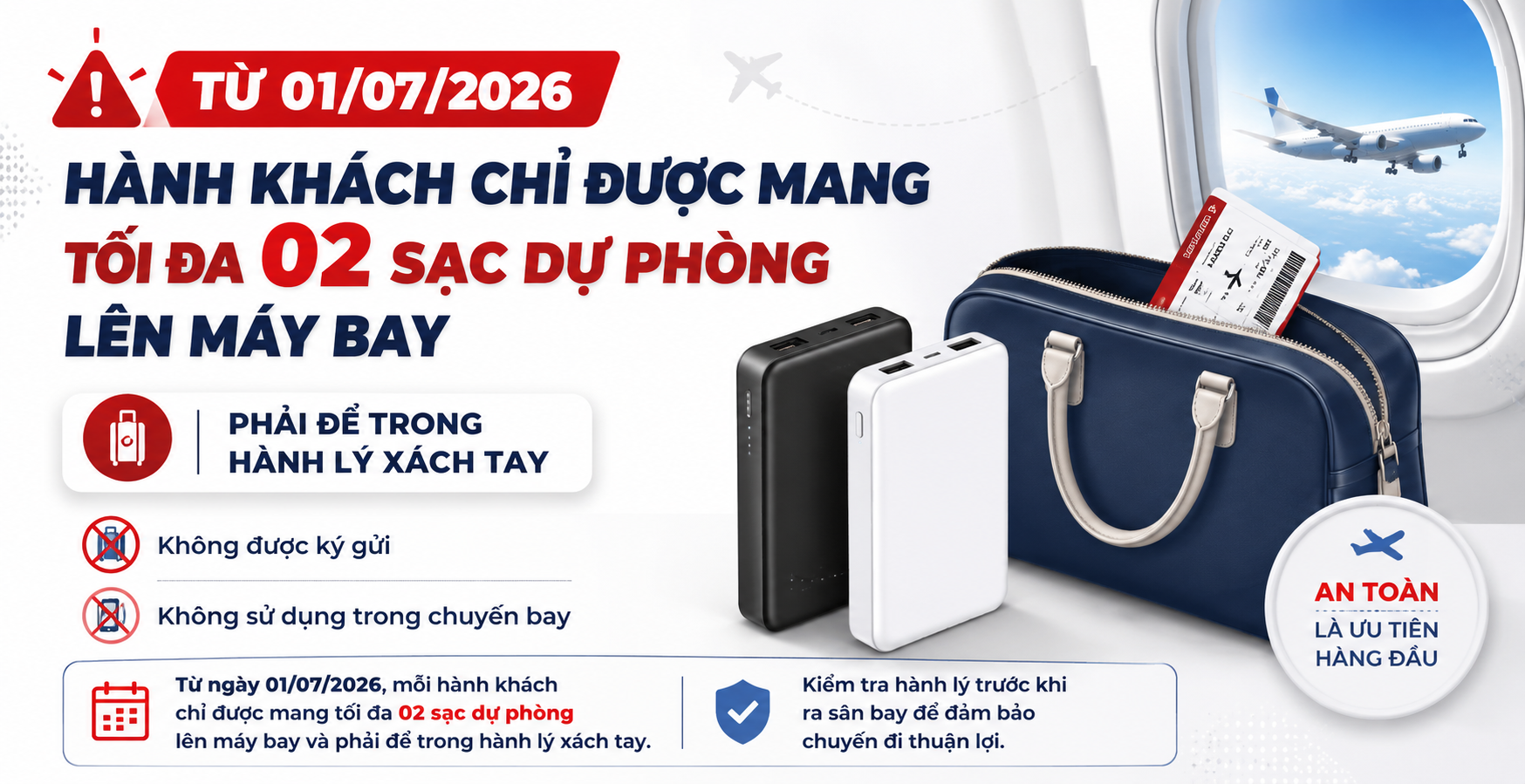 TỪ 01/07/2026: QUY ĐỊNH MỚI VỀ SẠC DỰ PHÒNG KHI ĐI MÁY BAY