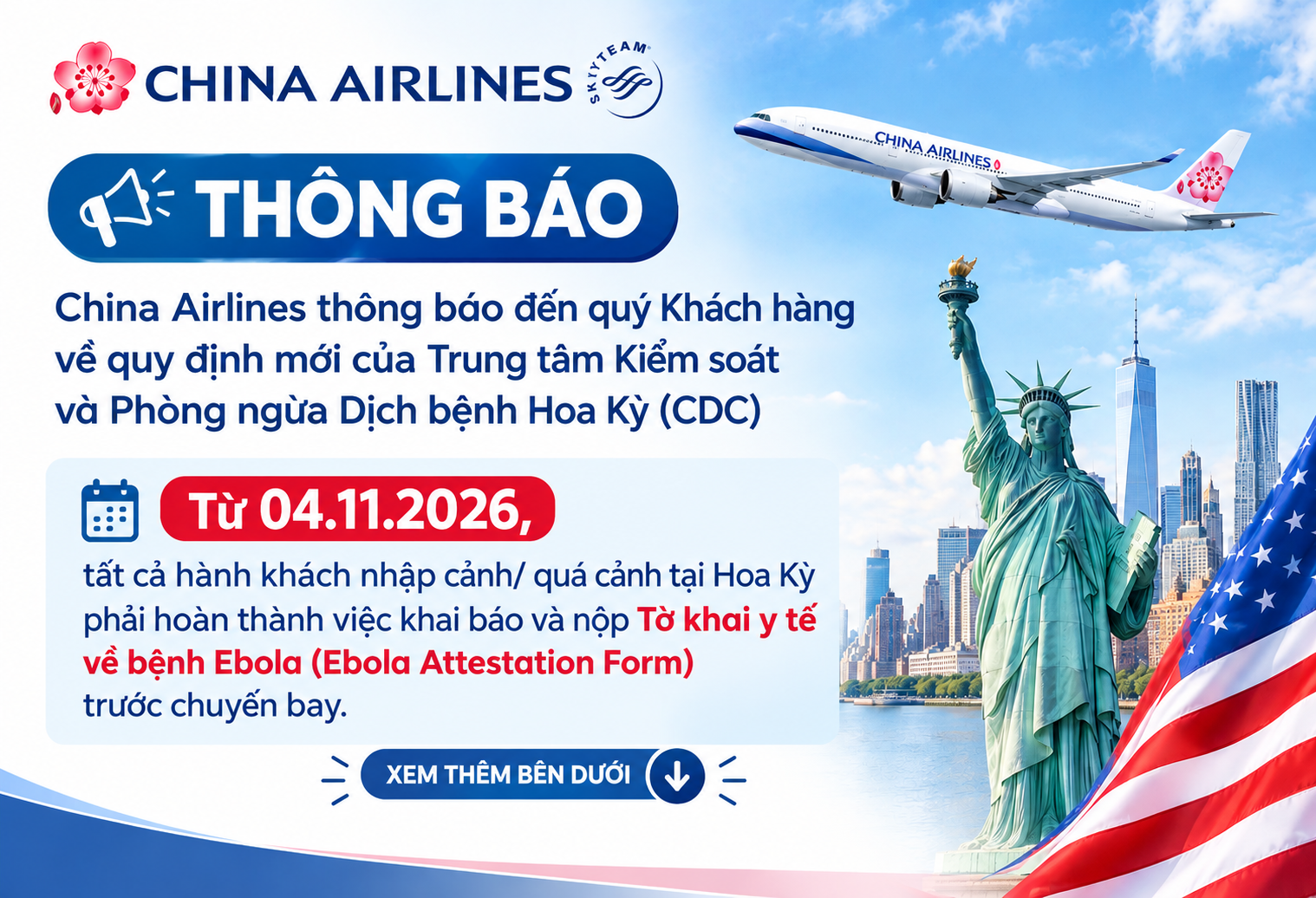 CHINA AIRLINES THÔNG BÁO: HÀNH KHÁCH ĐẾN HOA KỲ PHẢI KHAI BÁO TỜ KHAI Y TẾ EBOLA TỪ NGÀY 04/11/2026