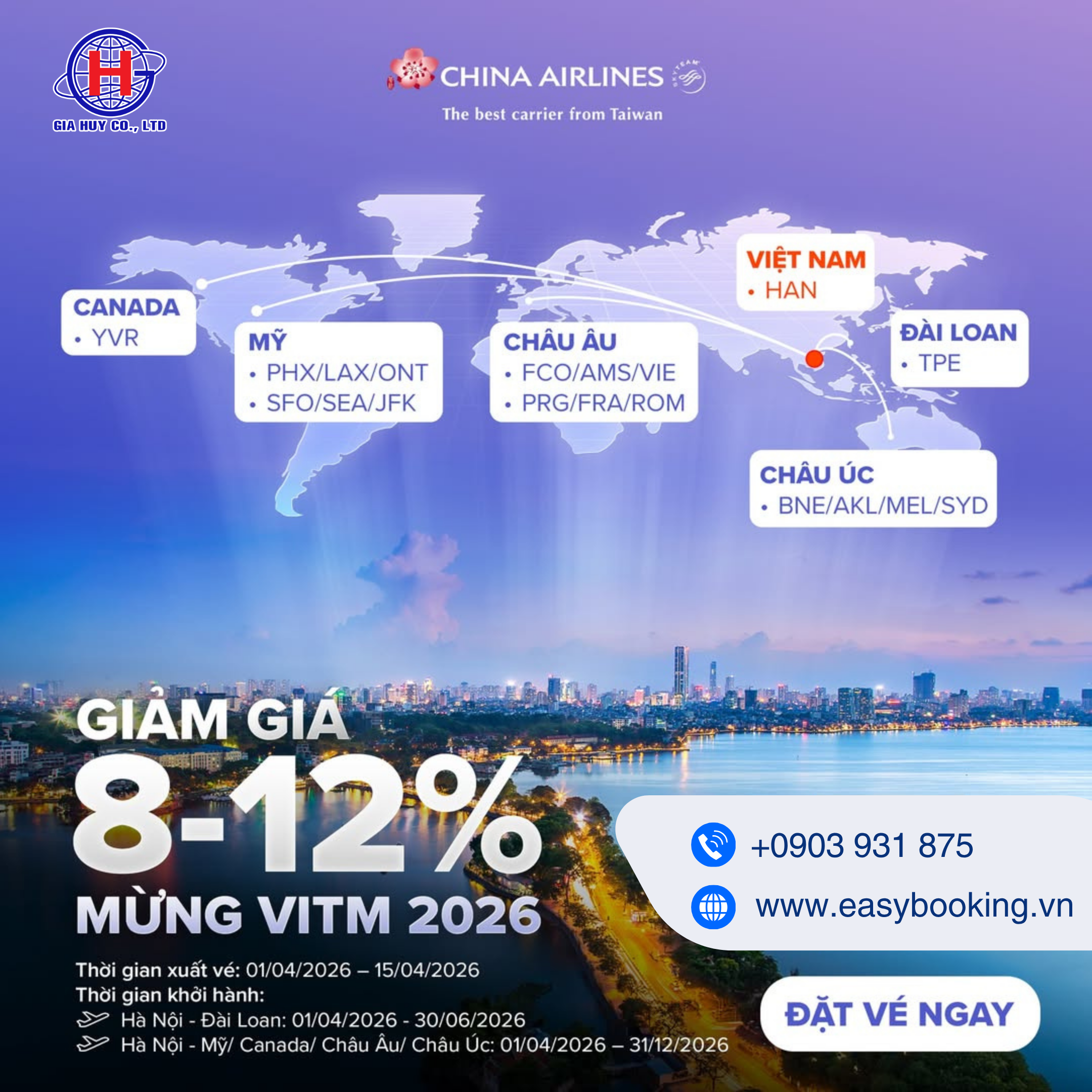 HOT DEAL ĐỔ BỘ NGÀY HÈ 2026: CHINA AIRLINES GIẢM NGAY 8 - 12% GIÁ VÉ! 🔥