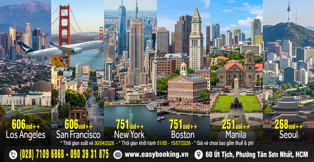 RẺ BẤT NGỜ Bay Mỹ 606usd, Seoul 268usd, Manila 215usd tháng 4 này - Cathay Pacific