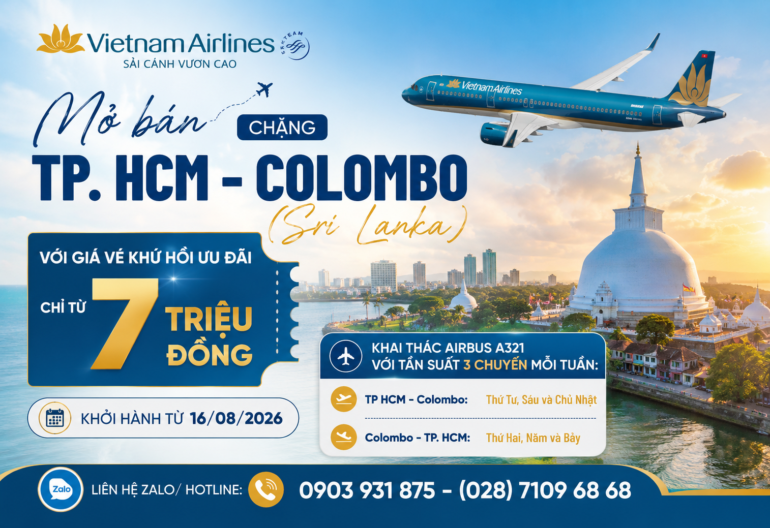 VIETNAM AIRLINES MỞ BÁN ĐƯỜNG BAY THẲNG TP.HCM – COLOMBO (SRI LANKA) 🇱🇰