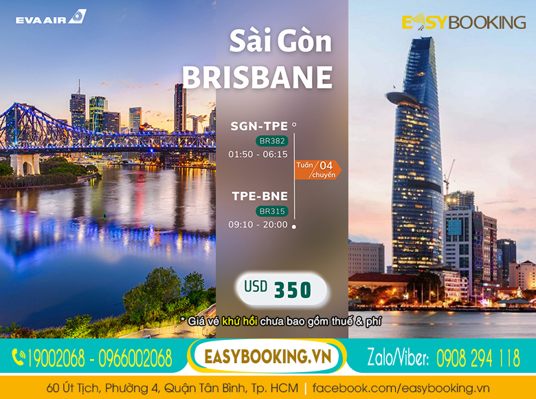 Vé máy bay đi Brisbane Úc giá 350usd khứ hồi giá siêu rẻ 02-2023 | Eva Air