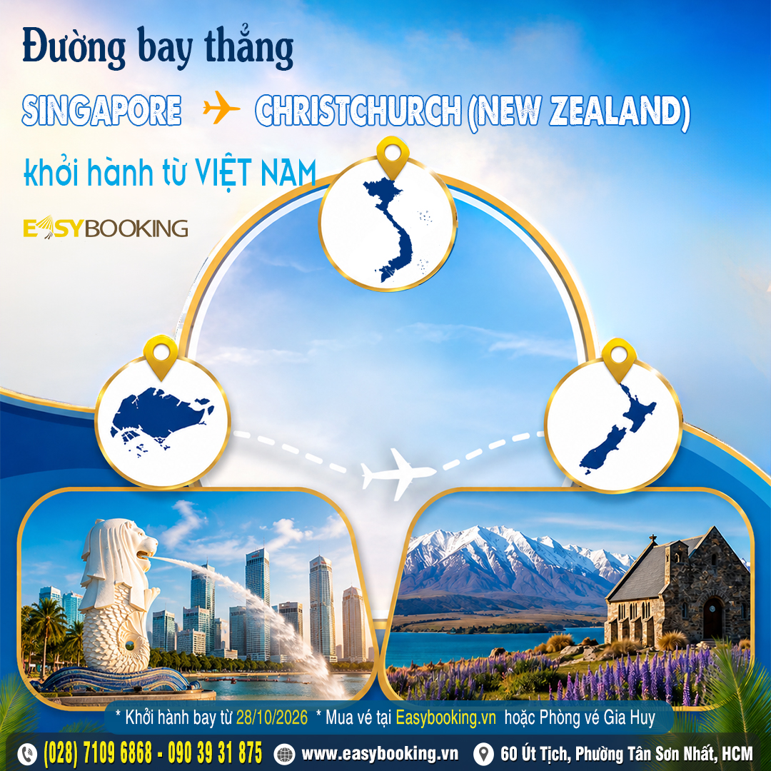 Rẻ nhất thị trường săn vé bay thẳng Singapore đi Christchurch từ Việt Nam chỉ có tại Easybooking bay hãng Air New Zealand