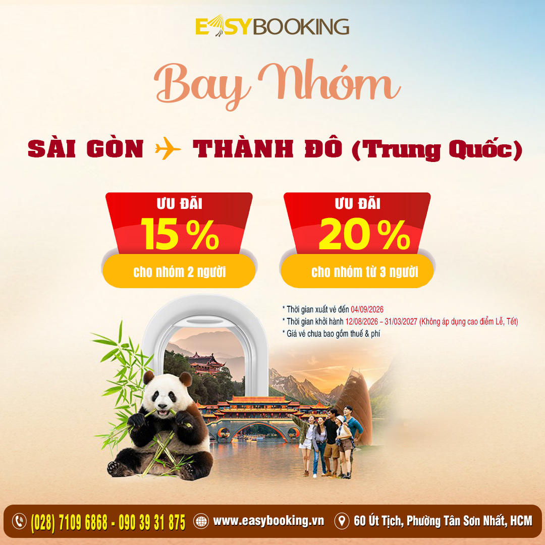 Giá bay vé nhóm cực hời Sài Gòn - Thành Đô Trung Quốc giảm ngay 20 phần trăm - Sun PhuQuoc Airways