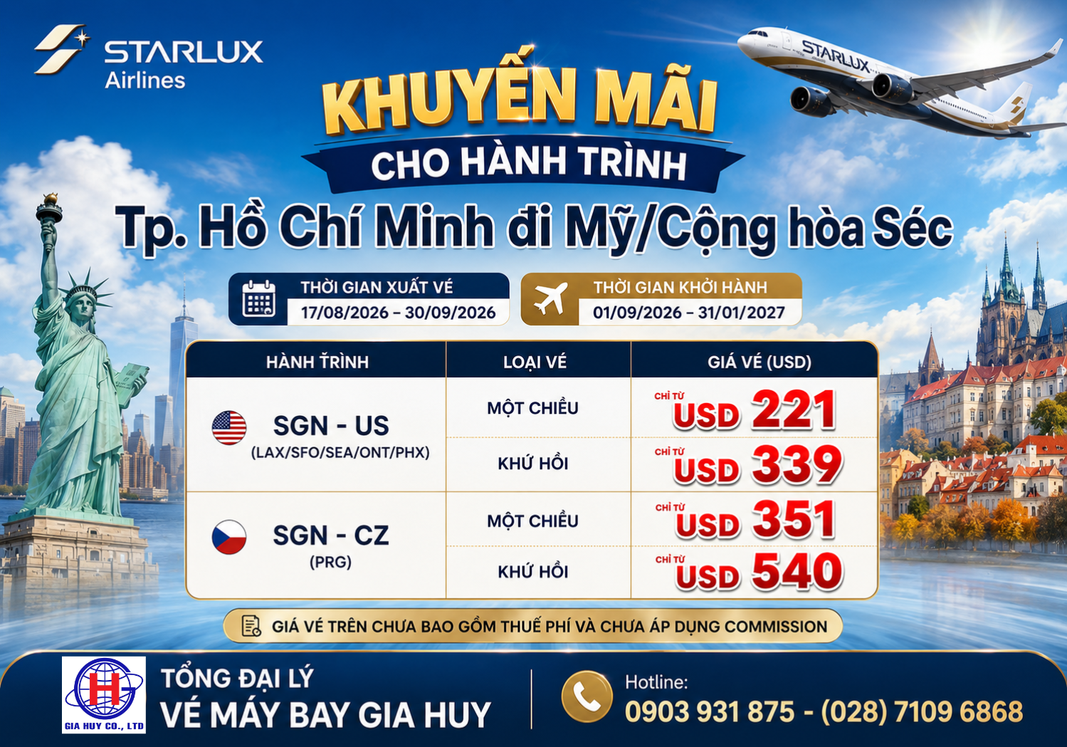 ✈️ STARLUX AIRLINES – KHUYẾN MÃI ĐẶC BIỆT ĐI MỸ & CỘNG HÒA SÉC 🇺🇸🇨🇿