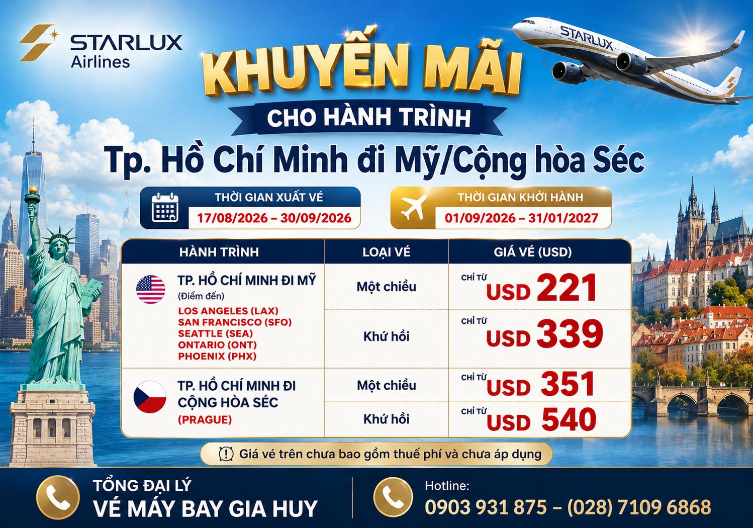 ✈️ STARLUX AIRLINES – KHUYẾN MÃI ĐẶC BIỆT ĐI MỸ & CỘNG HÒA SÉC 