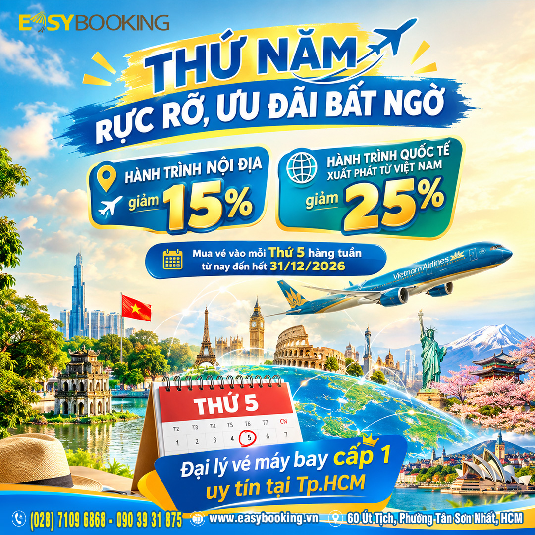Chỉ Thứ 5 Hằng Tuần - Săn Vé Bay Giá Rẻ Giảm Ngay 15 - 25 phần trăm bay hãng VietnamAirlines