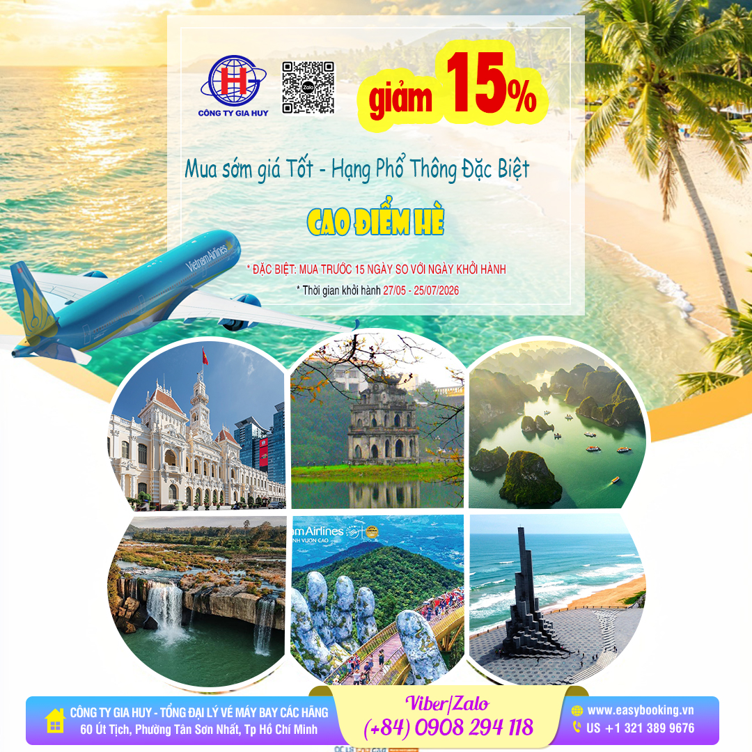 Giảm 15 phần giá vé phổ thông đặc biệt cao điểm hè Vietnam Airlines tại Easybooking