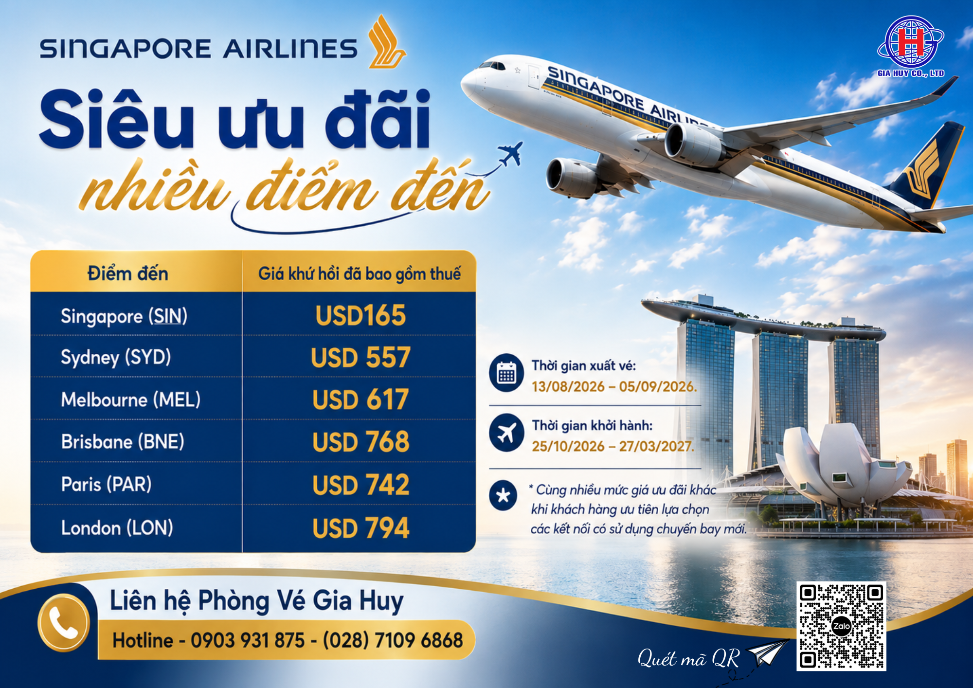 ✈️ SINGAPORE AIRLINES – SIÊU ƯU ĐÃI NHIỀU ĐIỂM ĐẾN